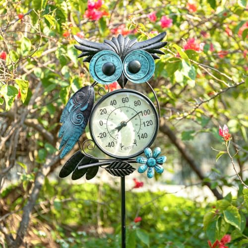 Outdoor Thermometer, Owl Outside Decor for Patio, Yard and Garden | No Battery Needed, Waterproof, Indoor and Outdoor, Easy to Read, Gifts Idea - color: Blue