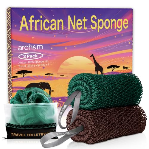 ARCH&M African Net Sponge Authentic with Knots, 2 Pack 53" Long - color: Forest Green + Brown