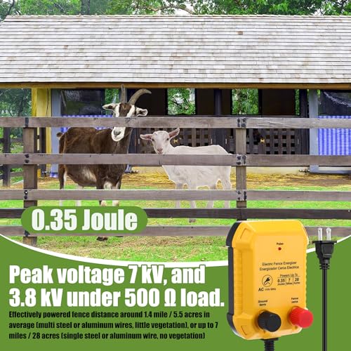 Electric Fence Charger Set 7 Mile 110VAC 0.35 Joule Electric Plug in Fence to Contain Chickens Pet Poultry 80 Black Insulator and 1 Socket Tool 985ft Aluminum Wire for Garden Pond Protection - style: 0.35 Joule