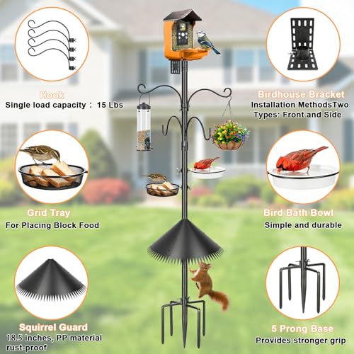 Bird Feeder Pole, 92 Inch Squirrel-Proof Bird Feeder Stand with 4 Shepherd Hooks, Water Bowl and Mesh Tray, Adjustable Birdhouse Pole, Perfect for Outdoor Garden & Yard - color: Hook-style