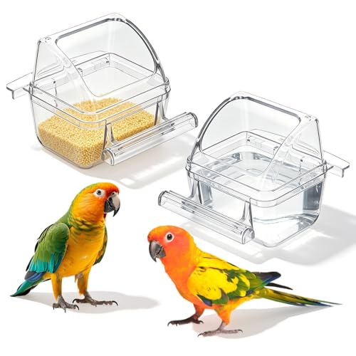 2 Pcs Bird Cage Feeder, Plastic Bird Bowls for Cage with Cover No Mess Hanging Bird Food Container Bird Feeding and Watering Supplies for Small Parakeet Cockatiel Canary Parrot