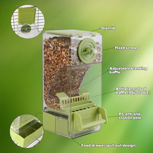 Bird Feeder No Mess 2PCS Automatic Clear Bird Seed Food Container Acrylic Parrot Feeder Dispenser Cage Accessories for Parakeet Budgies Cockatoo Canary Love Bird (Green) - color: Green