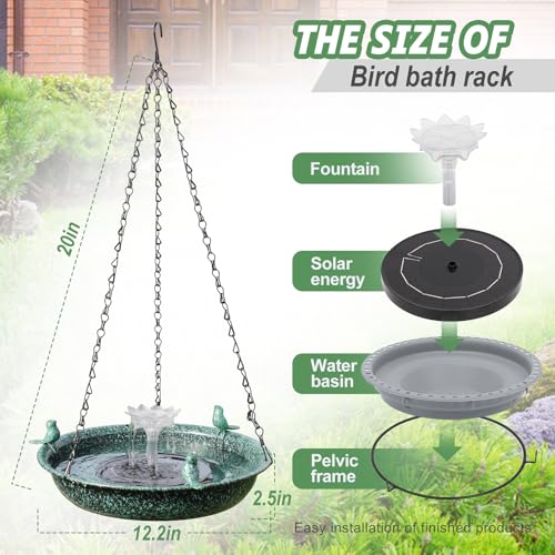 Yiabivo Hanging Bird Bath with Solar Fountain,Metal Hanging Bird Bath for Outside,Outdoor Bird Bath Bowl, for Outdoors Garden Patio Decor