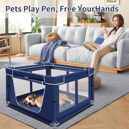 Puppy Playpen Indoor for Dog Small Pets, Dog Playpen 42x42x25 Inch, Dog Play Pen with Gate for Outdoor and Indoor, Oxford Fabric Pet Playpen for Puppy, Anti-Tipping Dog Enclosure with Zipper Door - color: Royal Blue, style: 42 Inch w/o top