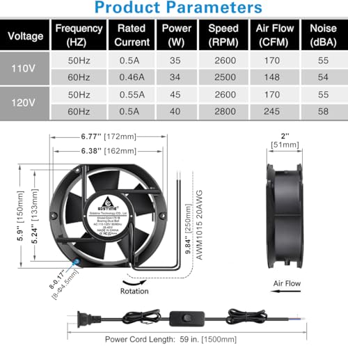 GDSTIME AXIAL 1751 Muffin Fan, 110V 120V AC 172mm x 150mm x 51mm Dual Ball | Heavy-duty Aluminum, High Speed Cooling, for Air Hockey Table Replacement, Generator Box Exhaust, Chicken Coop Ventilation - size: 172x150x51mm