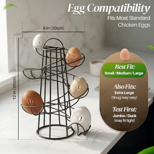 Flexzion Egg Skelter Modern Spiral Egg Holder Countertop (Medium Egg Display) - Freestanding Wired Countertop Egg Holder for Fresh Eggs, Dispenser Stand, Storage Rack for Kitchen, Black | Wire Chicken Egg Basket and Rotating Skelter Rack for Fresh Egg Sto