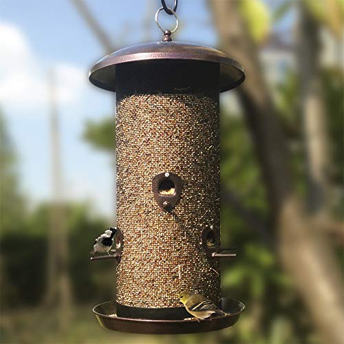 Nature's Rhythm Metal Hopper Bird Feeder Two Chambers，Heavy Duty Mesh Metal Dual Seed Compartments Outdoor Hanging Wild Bird Feeder with 10 Feeding Ports,10lbs Seed Capacity