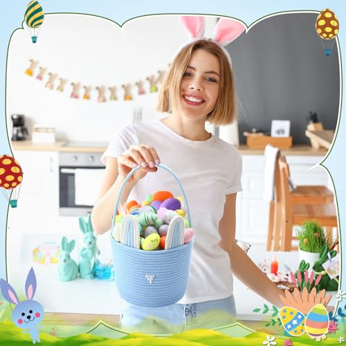 Colingmill 2 Pieces Easter Bunny Basket with Handle Woven Empty Rabbit Basket for Easter Egg Hunt Cute Candy Gifts Storage Party Favors Supplies(White, Blue) - color: White, Blue
