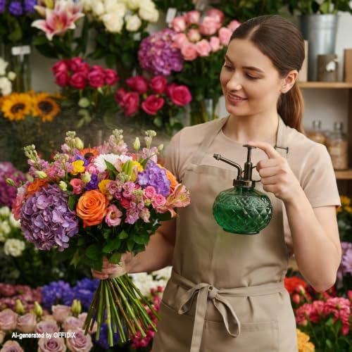 Glass Plant Mister Indoor Green Small Fine Mist Spray Bottle 10 OZ | ﻿ Vintage Spray Bottles, Misters Mini Watering Can Glass Sprayer Misting for Garden Plants Indoor Outdoor Decor Cleaning ﻿ - color: A-dark Green