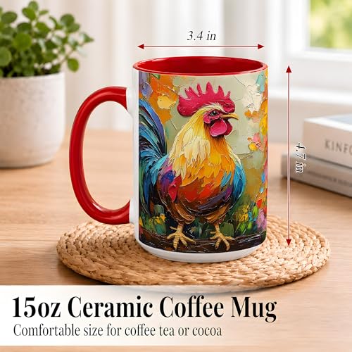 Colorful Rooster Coffee Mug, Farmhouse Chicken Mug, Rustic Kitchen Morning Theme, Impasto Style Barnyard Bird Artwork, Red Accent Ceramic 15 oz Double Sided Drinkware Cup for Home Use - color: Rooster 15Oz