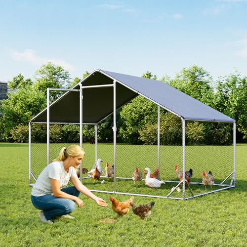 Aoxun Metal Chicken Coop, Outdoor Chicken Runs for Yard with Cover, Spire Roof Hen House Enclosure with Security Lock, Walk-in Cage Peak Hen House for Yard Farm (10x6.5x6.4 FT) - size: 120.0"L x 77.0"W x 76.8"H
