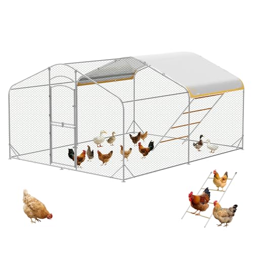 Large Metal Chicken Coop with Run, 12.6FT Walk-in Chicken Run for Yard with Waterproof & Anti-UV Cover, Spire Roof Outdoor Poultry Cage for Chickens Ducks Rabbits Backyard Farm with Ladder