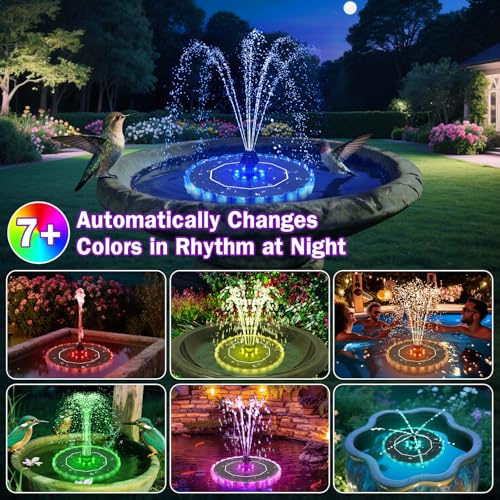 SZMP 3.5W Solar Fountain for Bird Bath with 2000mAh Battery & 3D Color Changing LED Light, Anti-Drift Fixer & 8 Nozzles, Solar Powered Water Fountain Kit for Garden, Patio, Pond (Colorful)