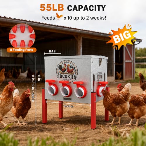 55LB Automatic Chicken Feeder,Large Metal Chicken Feeder with 8 Ports ,Adjustable Legs