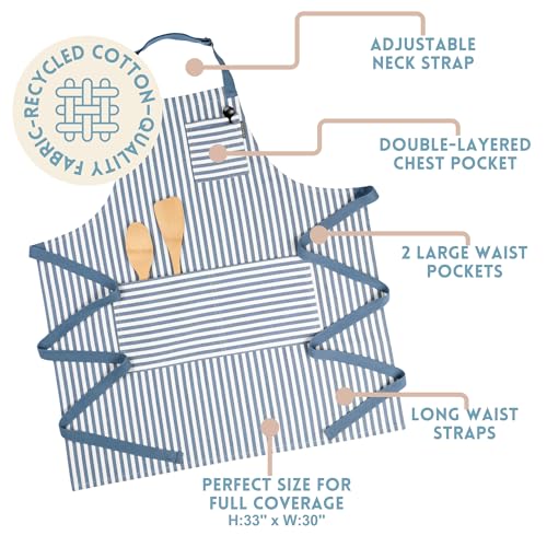 Chef Aprons for Women with Pockets, Adjustable Bib Aprons for Cooking - color: Blue Striped
