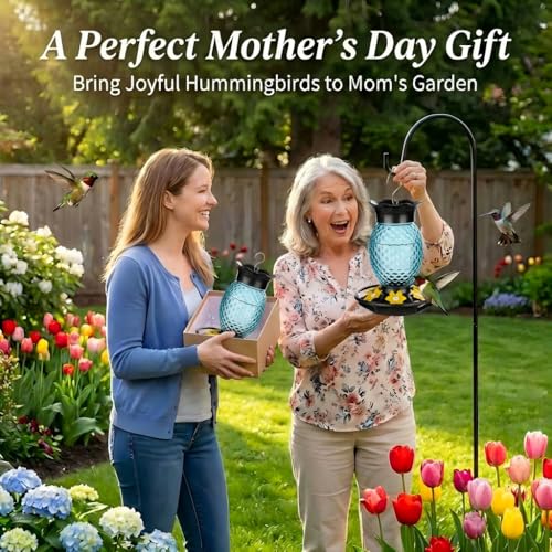 Fchstaer Glass Hummingbird Feeders for Outdoors Hanging 16oz 2 Pack Blue Pineapple Bee & Ant Proof 360°Perch Leakproof Easy Clean with 6 Feeding Ports Gifts for Mom - color: Blue-2PC