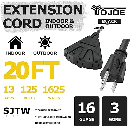 YOJOE 3-Outlets Indoor Outdoor Extension Cord, 3 Prong 13A Weatherproof Power Cord Multiple Outlets, 16 Gauge Heavy Duty 20 ft Black Extension Cord for Garage, Garden, 16/3 SJTW UL Certified - color: Black, size: 20 Foot, style: Standard
