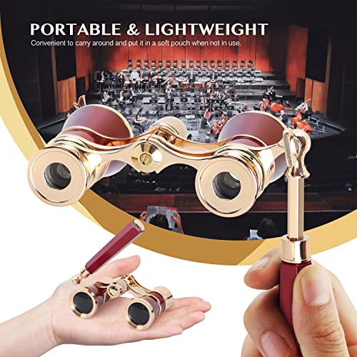 Aomekie Opera Glasses Binoculars 3X25 Theater Glasses Mini Binocular Compact with Handle for Adults Women in Musical Concert（Red） - color: Red with Handle