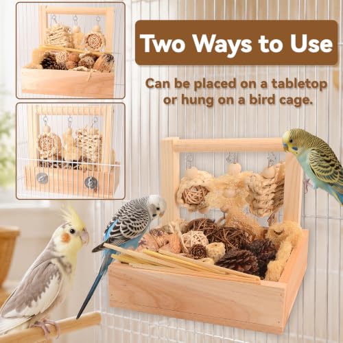 Wooden Bird Parrot Foraging Toys Box with Perch Stand, Cage Accessories