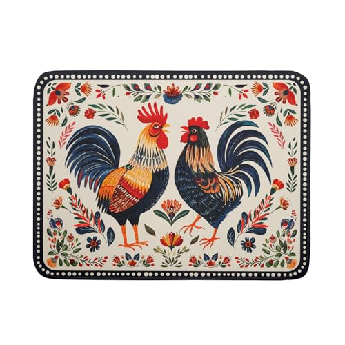 Rooster Poultry Dish Drying Mat for Kitchen Counter 18x24 Inch Microfiber Absorbent Colorful Printing Drying Pad - color: Chicken Art White, size: 24" x 18"