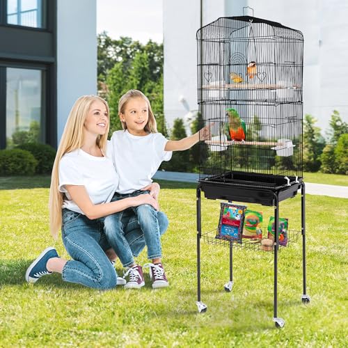 ZENY 63.4 Inch Bird Cage, Rolling Wrought Iron Parrot Cage | with Side-out Tray, Storage Shelf, Pet Bird House for Parrot Cockatiel Cockatoo Parakeet Macaw Finches