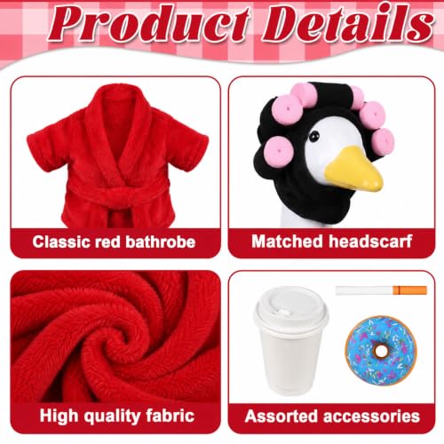 Old Lady Porch Goose Outfits 23 in Bathrobe Lawn Goose Costume Set Red | 23 Inch, for Porch Goose Cement or Plastic Statue, with Curlers Hat Coffee Cup Donut, Lawn Yard Garden Patio Decor - style: Bathrobe Red