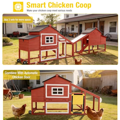 Aivituvin Mobile Chicken Coop with Wheels for 2-4 Chickens, Backyard Expandable Chicken House Duck Cage with Run, 2 Nesting Boxes, Easy Clean Pull-Out Tray, Leak-Resistant Asphalt Roof, 72.3"(Red) - color: Red, size: 72.3"L x 26.0"W x 39.4"H