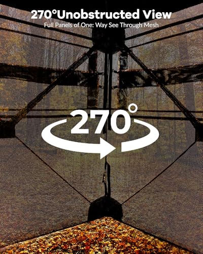 Hunting Blind 270 Degree See Through Ground Blind for Turkey Deer Hunting, Camouflage Pop Up Hunting Blinds Ground Waterproof Portable Concealed Shelter with Silent Door and Carrying Bag - size: 4-6 Person