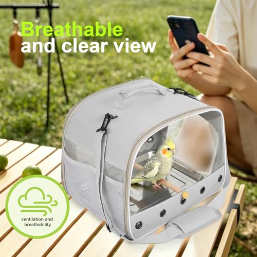 Bird Travel Carrier Cage for Medium Parrot, Portable Bag with Metal Tray to Carry and Transport Medium and Large Birds Like African Grey, Long Tail Cockatiel (Gray, Large Carrier) - color: Gray