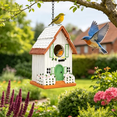 Bird Houses for Outside, Patio, Yard, Porch & Garden Decor, 7.3" | Rustic Cottage Resin Decorative Hanging BirdHouse for Bluebird Finches Cardinals Bird Nesting, Gift for Bird Lover Mom Women - color: White