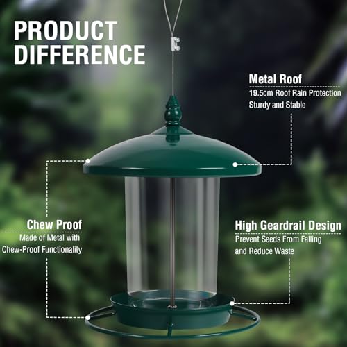 Metal Bird Feeder for Outdoors Hanging,3.0LB Seed Feeder,Easy to Fill & Clean,360° Feeding,Chew Proof Weatherproof Roof for Gardens and Wild Birds,Green - color: Green