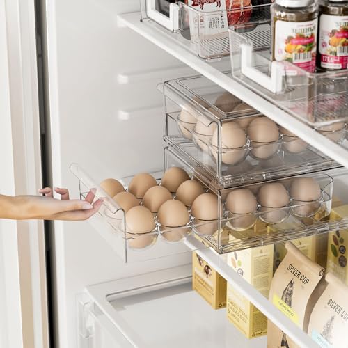 BPA Free Stackable Egg Container - 18 Egg Refrigerator Organizer with 2 Kitchen Hooks, Clear - style: Modern+Simple