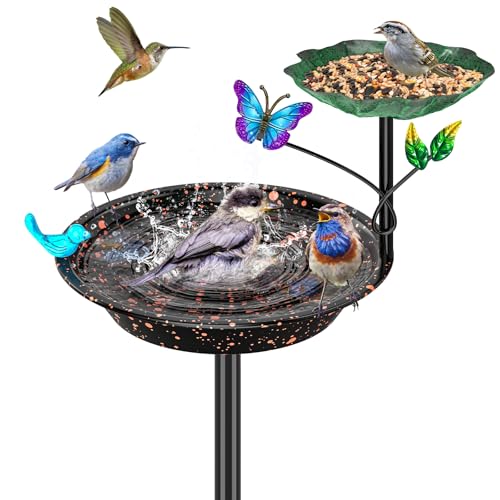 Metal Bird Bath for Outside Garden Birdbath Bowl, Freestanding Bird Feeders for Outdoors with 5 Prongs Base Stake, Standing Birdfeeders Birdbath Bowl for Yard Decor(Black-2-in-1-Butterfly) - color: Black-2-in-1-Butterfly