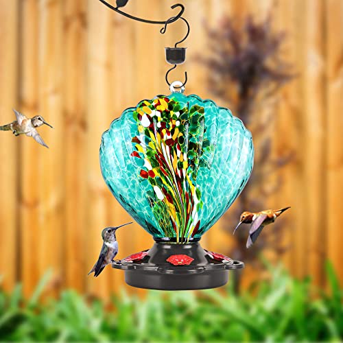 LUJII Seashell Shaped Hand Blown Glass Hummingbird Feeder for Outdoors Hanging, Rust Proof & Leak Proof, 25 fl.oz, Unique Gardening Gift for Women, Garden & Backyard Decor, Teal - color: Teal