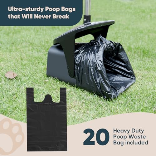 Stainless Steel Dog Pooper Scooper,40" Long Handle Swivel Bin, Rake and Spade,20 Waste Bags & Hook - Heavy Duty Portable Metal Poop Scooper for Large,Medium and Small Dogs