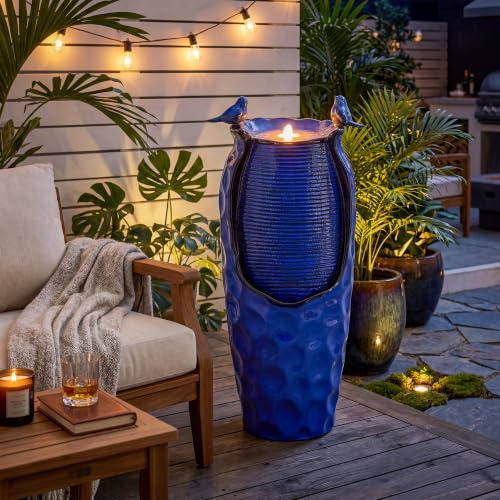Autodaya 33" Vase Ceramic Outdoor Water Fountain with Lights and Birds | cobalt blue glazed water feature with textured design, ambient soothing cascading water flow for garden patio yard sanctuary - color: 33"h-hammered Cobalt Blue