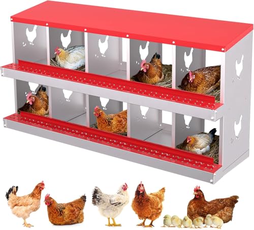 TrailBlaze Chicken Nesting Box 10 Compartments Laying Boxes, Metal Chicken Egg Laying Box with Rollout Egg Collection, Large Vented Holes Chicken Coop for Chickens, Hens (Red) - color: red, size: 10 holes