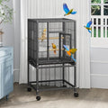 YITAHOME 41 inches Metal Bird Cage for Parakeets: Large Parrot Cages with Tray, Food Boxes, and Wooden Perches with Rolling Stand & Brakes for Lovebirds Cockatiels Pigeon Finches, Black | Large Parrot Cages with Tray, Food Boxes, and Wooden Perches with R