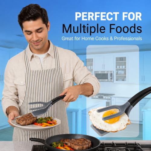Silicone Egg Flipper Spatula Tongs (Set of 1) – Non-Stick 2-in-1 Grip & Flip Kitchen Tongs for Pancakes, Fish, Eggs, and More – Heat Resistant Cooking Tool (Black) - color: Black