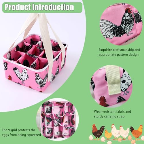 Eggs Collecting Basket, Durable Canvas Egg Basket with Plastic Board, 9-Pouch Chicken Egg Holder Bag for Gathering Fresh Eggs, Egg Gathering Basket and Multipurpose Chicken Holder Bag (Pink)