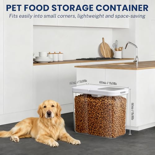 LEAWALK 12 Lbs Airtight Dog Cat Food Storage Container and Dog Treat Containers BPA-Free, PET Clear Stackable Pet Storage Bin, 1-Cup Scoop, 1-Sponge cleaning brush, Pop Top, With handle, Easy Mobility - color: Milky White 12L-A
