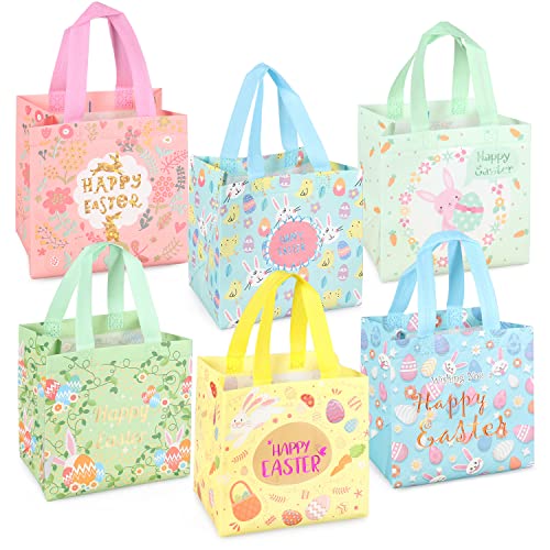 Aviski 6PCS Happy Easter Egg Hunt Bags Bunny Carrot Chick Egg Gift Bag with Handles, Easter Treat Bags, Non-Woven Gifts Wrapping, Spring Party Supplies - color: Foil Pink Blue Green Yellow