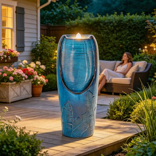Autodaya 33" H Ceramic Jar Outdoor Water Fountain, Banana Leaf-Texture | Artisan High-Fired Glaze, Warm Ambient LED Lighting, Upgraded Pump, Soothing Cascading Water Feature For Garden Patio Yard - color: 32"h-leaf Pattern Teal Blue Glaze