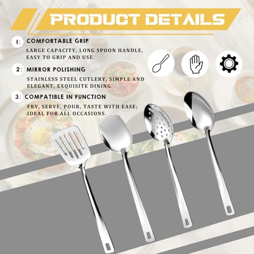 Zhehao 4 Pcs Stainless Steel Cooking Utensils Set Heat Resistant Stainless Steel Spatula Set, Include Slotted Turner Solid Turner Kitchen Skimmer Ladle Spoon with Long Handle, Dishwasher Safe, Silver