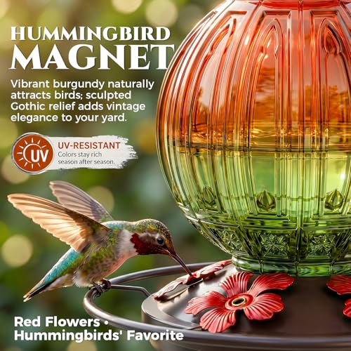 Glass Hummingbird Feeder for Outdoors Hanging, 26 fl oz Bird Nectar Feeder | 5 Metal Flower Feeding Ports, 360° Perch Ring, Easy Refill Clean, Leakproof, Ideal for Backyard, Garden Decor, Orange & Green - color: Orange-Green Gradient