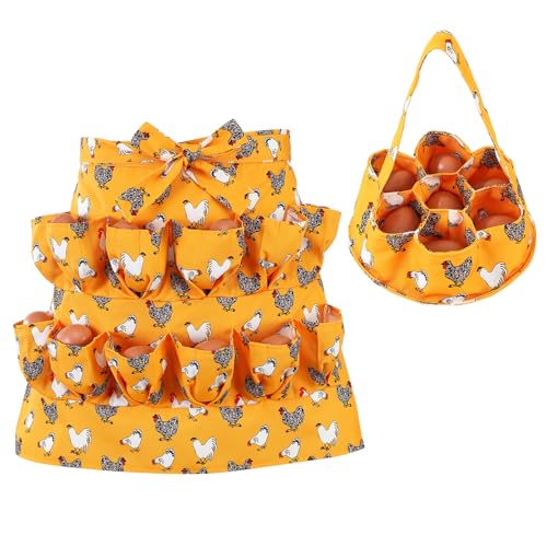 Egg Collecting Apron and Basket, 12 Pouches Chicken Egg Apron, 7 Pouches Chicken Eggs Basket, Collector Chicken Eggs - color: Yellow Flower Chicken, Half-body