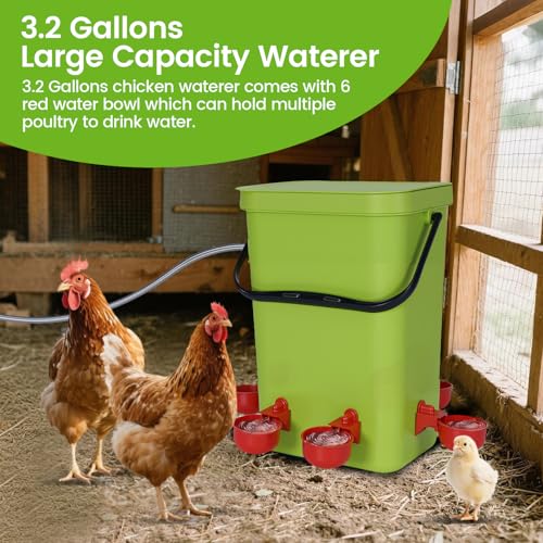 3.2 Gallon Chicken Waterer Hanging Auto Poultry Waterer with Float Valve | Automatic Chicken Watering System with Hose (One End 3/4") Poultry Waterer Dispenser for Quail Duck Goose Turkeys