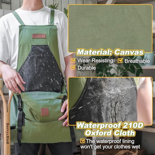 Berry&Bird Harvest Apron, Canvas Gardening Apron with Pockets and Harvesting Pouch Waterproof Harvesting Apron - color: Green