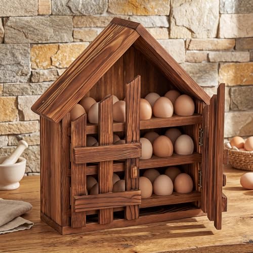 Wooden House Egg Holder Countertop,36 Hole,with Door,Brown | 3 Tier, Pull out Fresh Egg Storage, Eggs Racks Basket, Counter Egg Organizer, Farmhouse Kitchen Deocrations Gift - color: Brown, size: 36 Hole, style: with Door