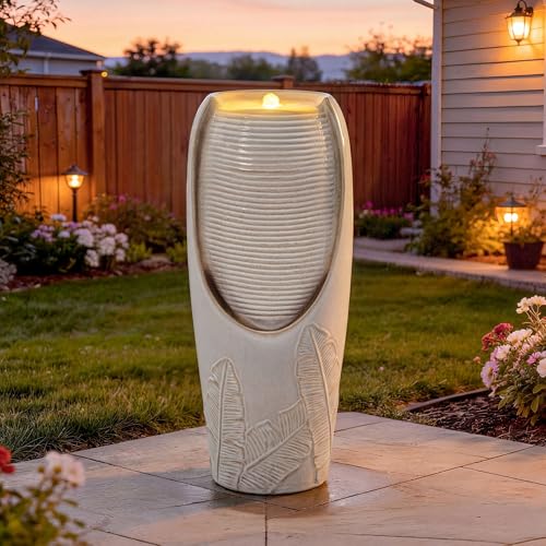 Autodaya 32"H Jar Ceramic Outdoor Water Fountain, Sand Beige Foilage Design | Artisan high-fired ceramic, warm LED ambient lighting, upgraded pump, soothing cascading water feature for garden patio yard - color: 32"h-leaf Pattern Beige Glaze